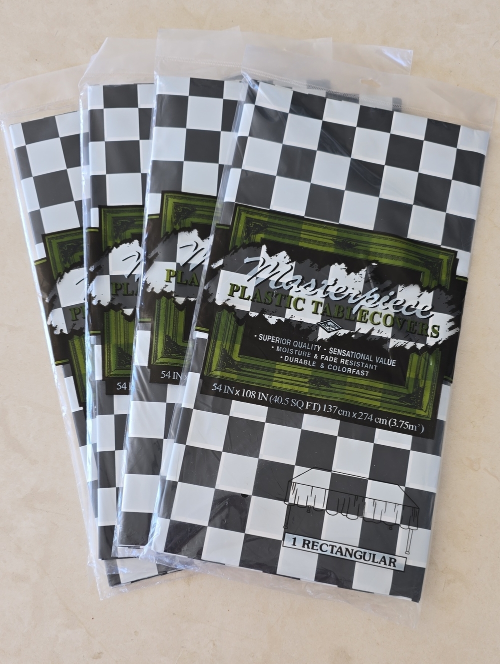 NWT Set Of 4 Black and White Checkered Plastic Table Covers - Rectangular